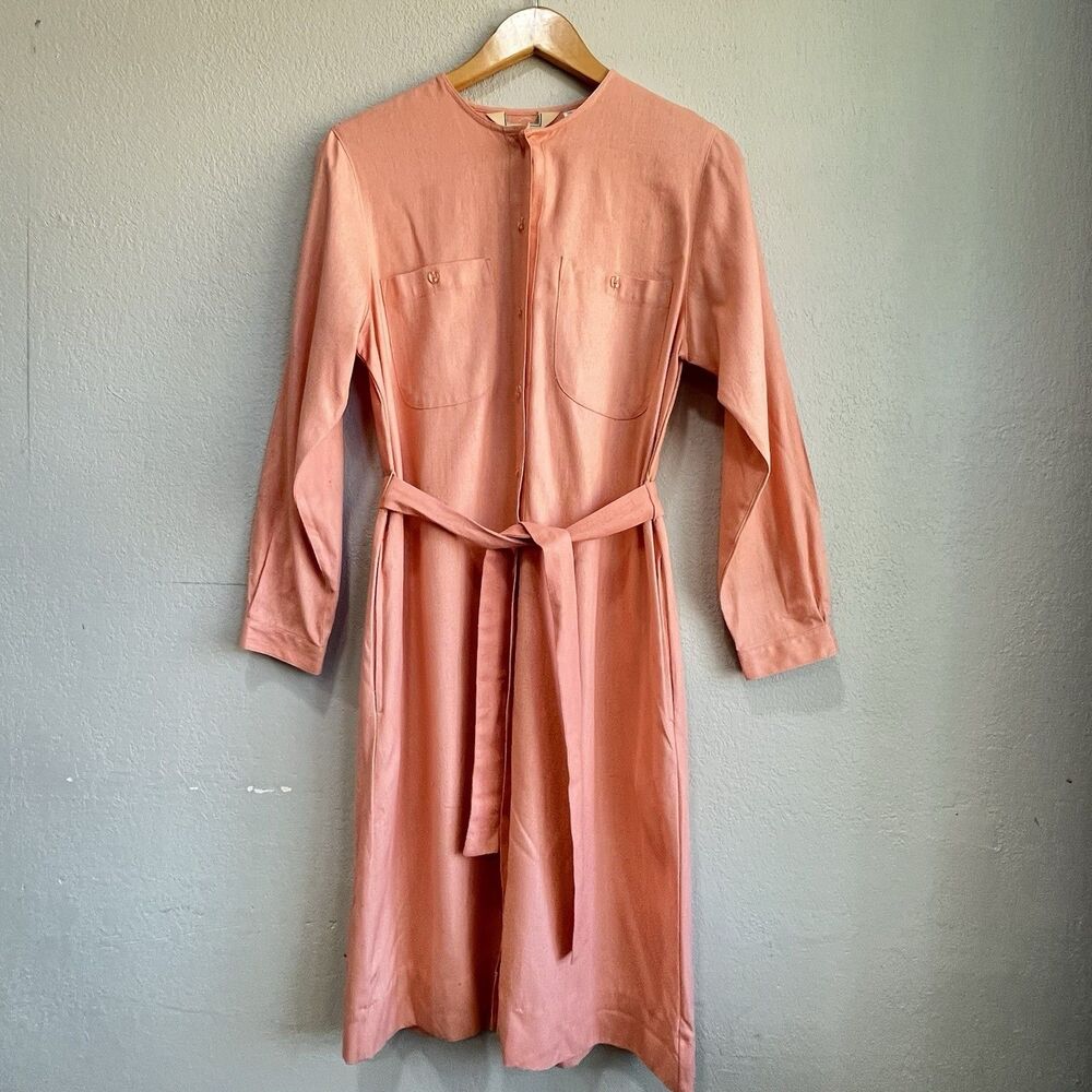 100% Silk Textured Midi Dress     Peach Blush Belted Pockets Size 8 - Picture 2 of 13